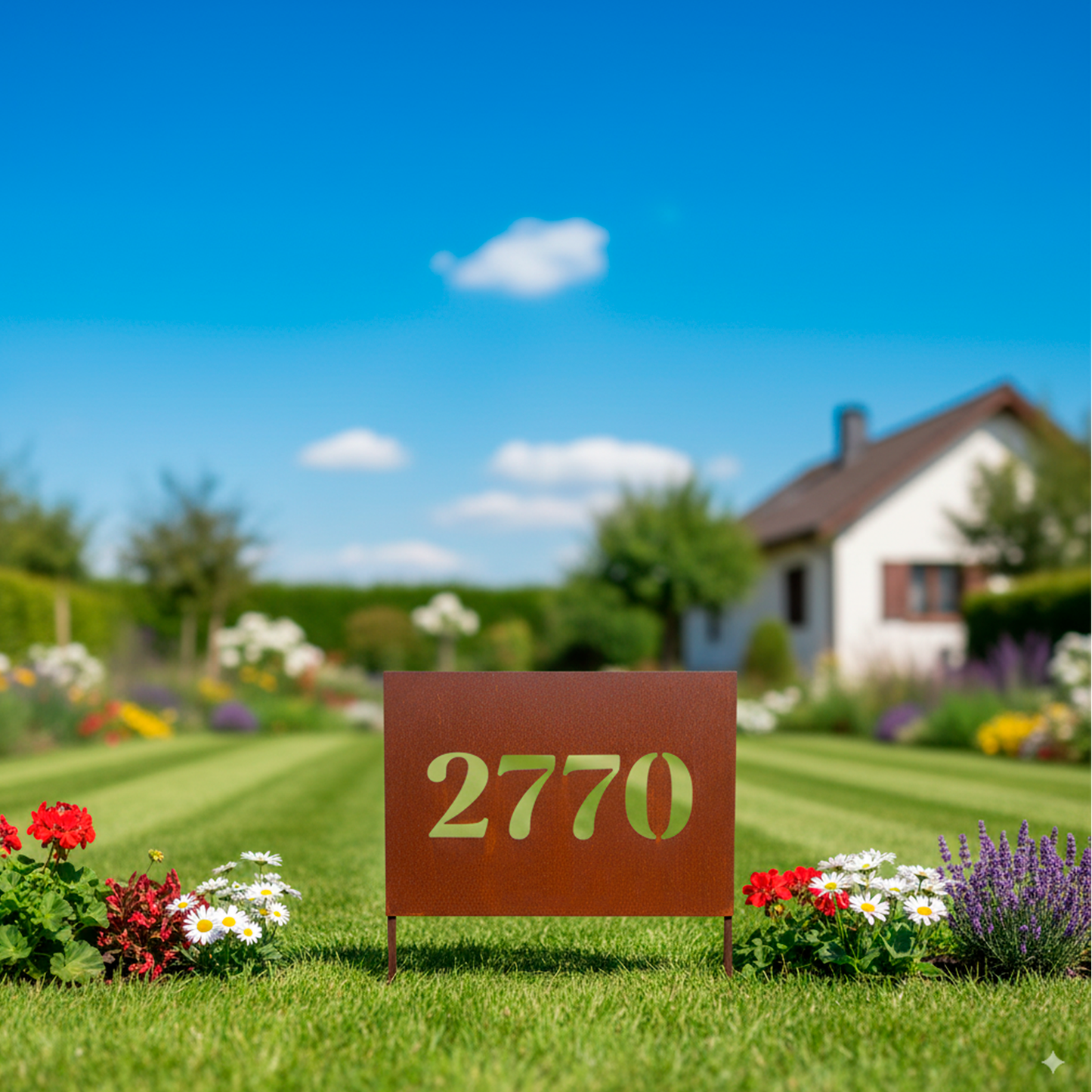 Cartel con dirección para casa en hierro o acero corten – con varillas para jardín