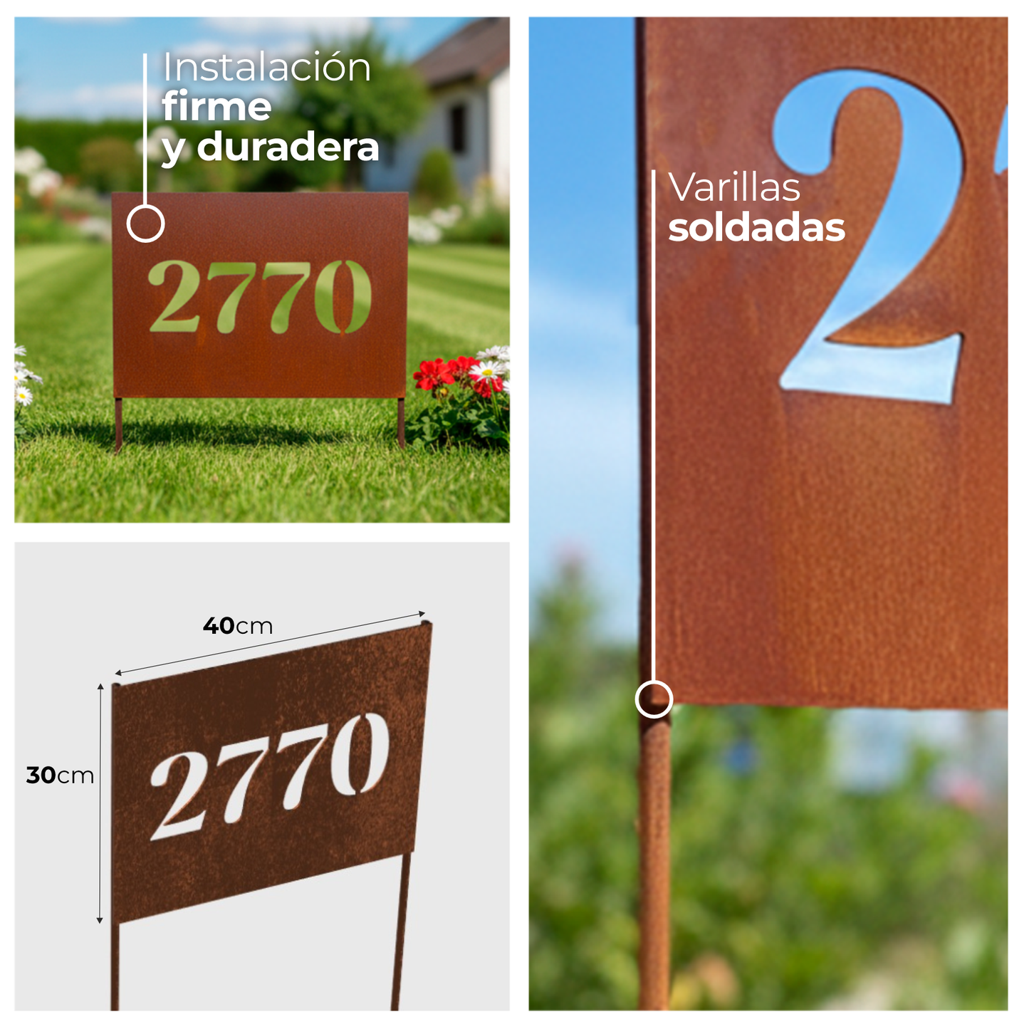 Cartel con dirección para casa en hierro o acero corten – con varillas para jardín