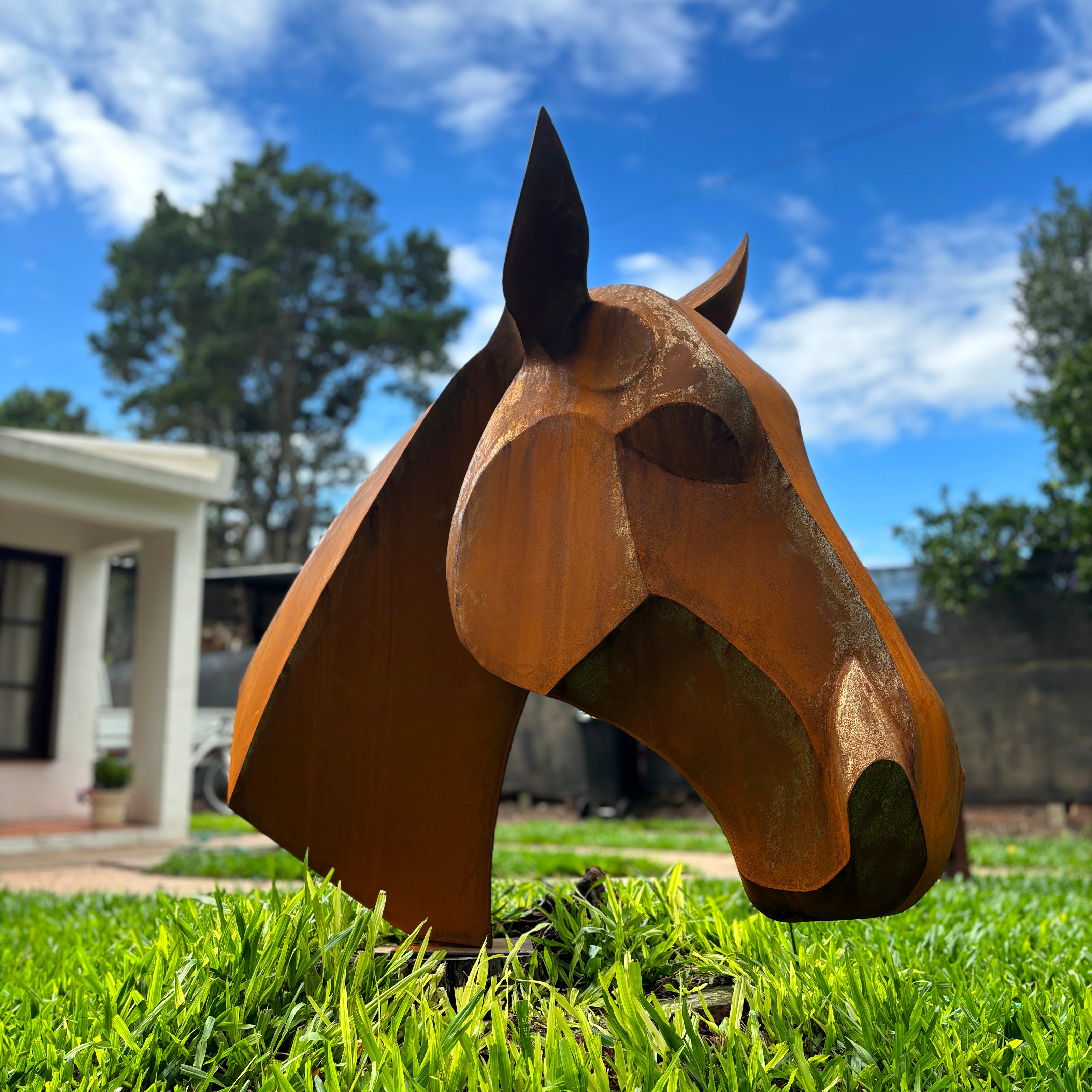 escultura cabeza de caballo en acero corten
