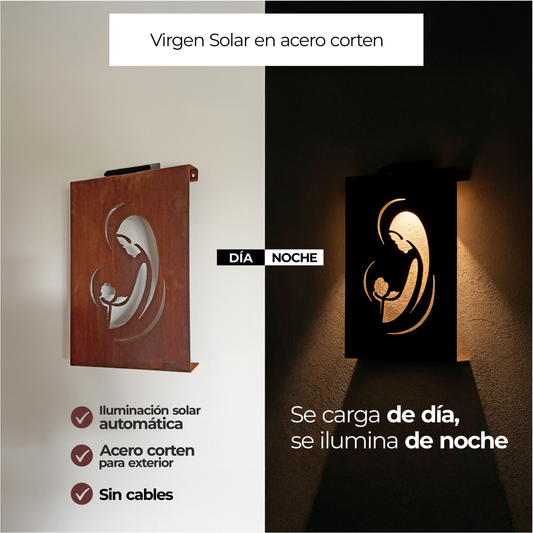 Virgen solar decorativa que se ilumina al anochecer